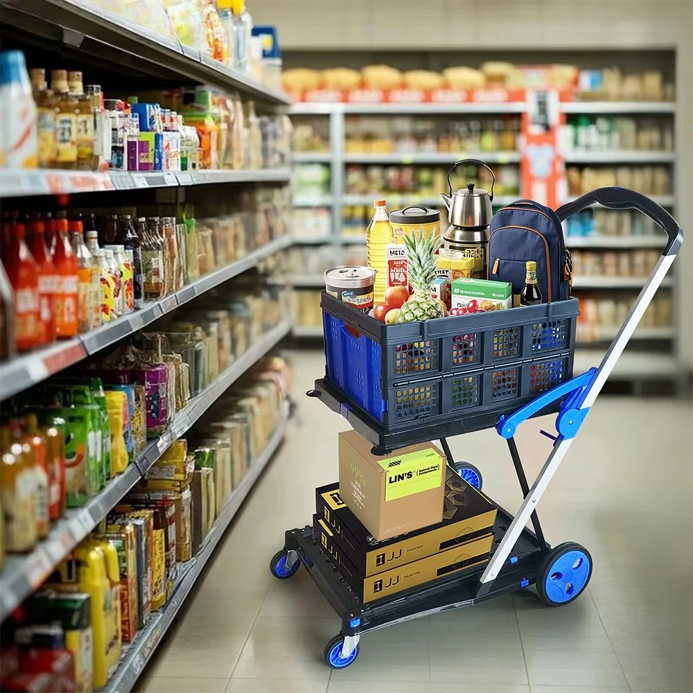 Carritos Plegables Multiusos, Carrito de Compras Resistente con Caja de Almacenamiento, Carrito Plegable Móvil para Limpieza del Hogar