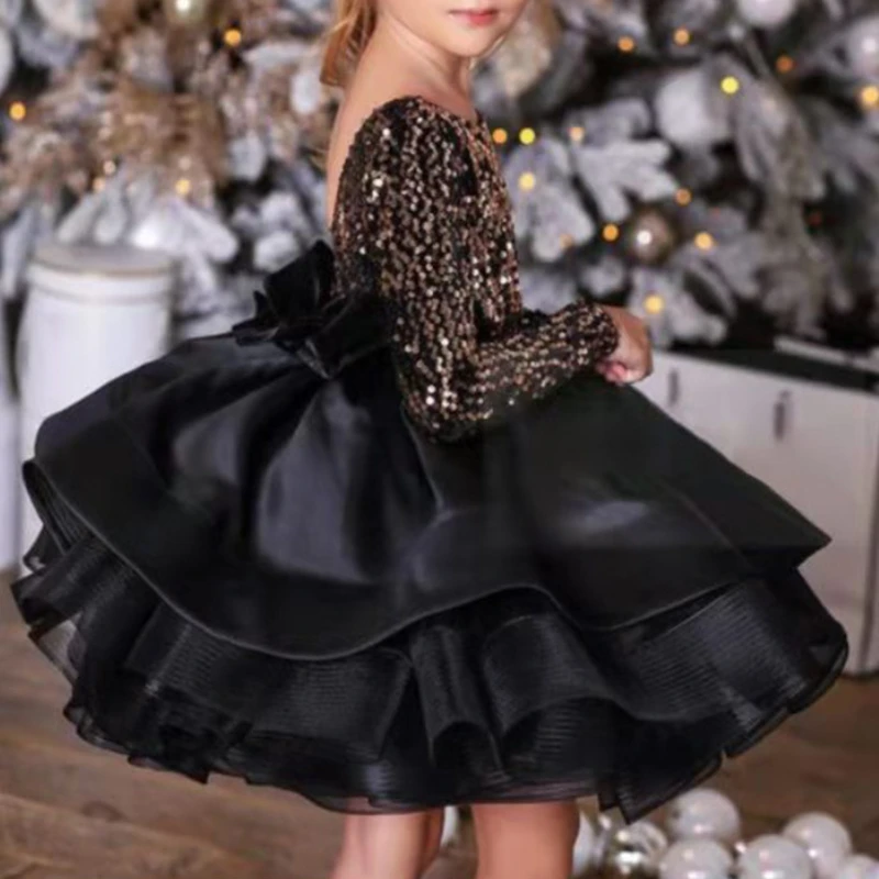 Customized Black Sequins Elegant Junior Bridesmaid Dresses Backless Long Sleeve Girls Birthday Gowns Princess Ball Gown Flower G