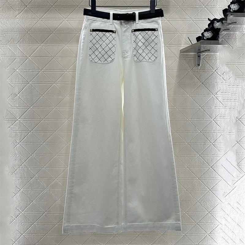 

Top-quality embroidered logo high-waisted slimming women's wide-leg jeans Leather belt with metal emblem pants 25100960