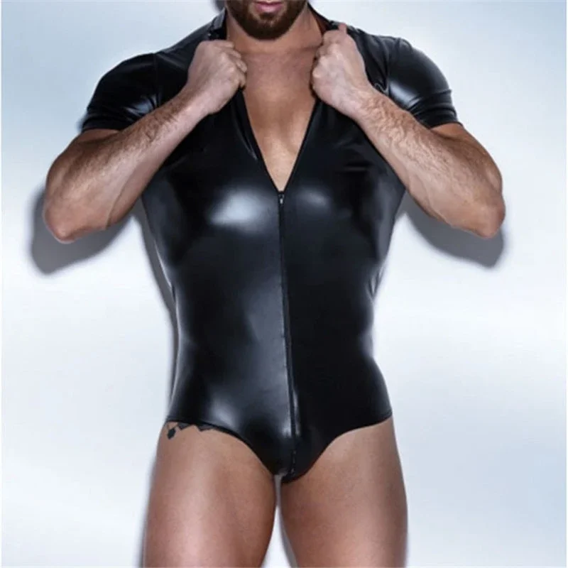 

Men Sexy Wetlook Faux Leather Lingerie Bodysuits Erotic Wear Leotard Costumes Gay Fetish Hot PVC Latex Catsuit Body Clubwear