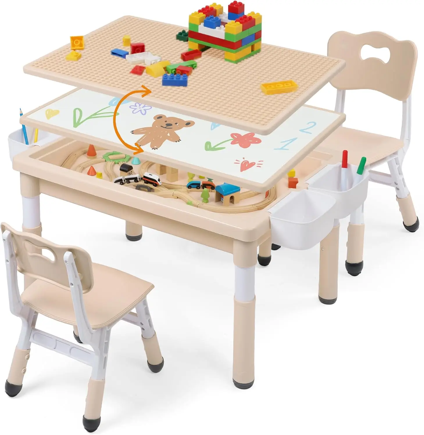 Kids Table and Chairs Set Large Storage, Height Adjustable Toddler Activity Table and 2 Chairs Set, 34.6x24.8" Graffiti/Block Bu