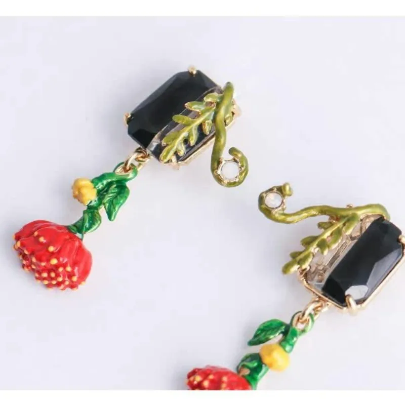 French Style Small Bohemia Red Peony Flower Pendant Rectangle Black Synthetic Stone Green Leaf Enamel Female Earrings