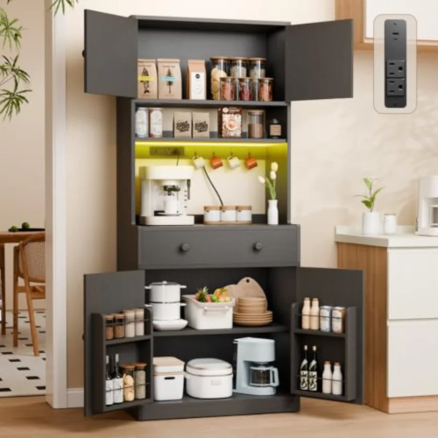 

71 Tall Kitchen Pantry Storage Cabinet with Power Outlet LED Light Freestanding Food Pantry Cabinet with 4 Doors and Shelves Cu