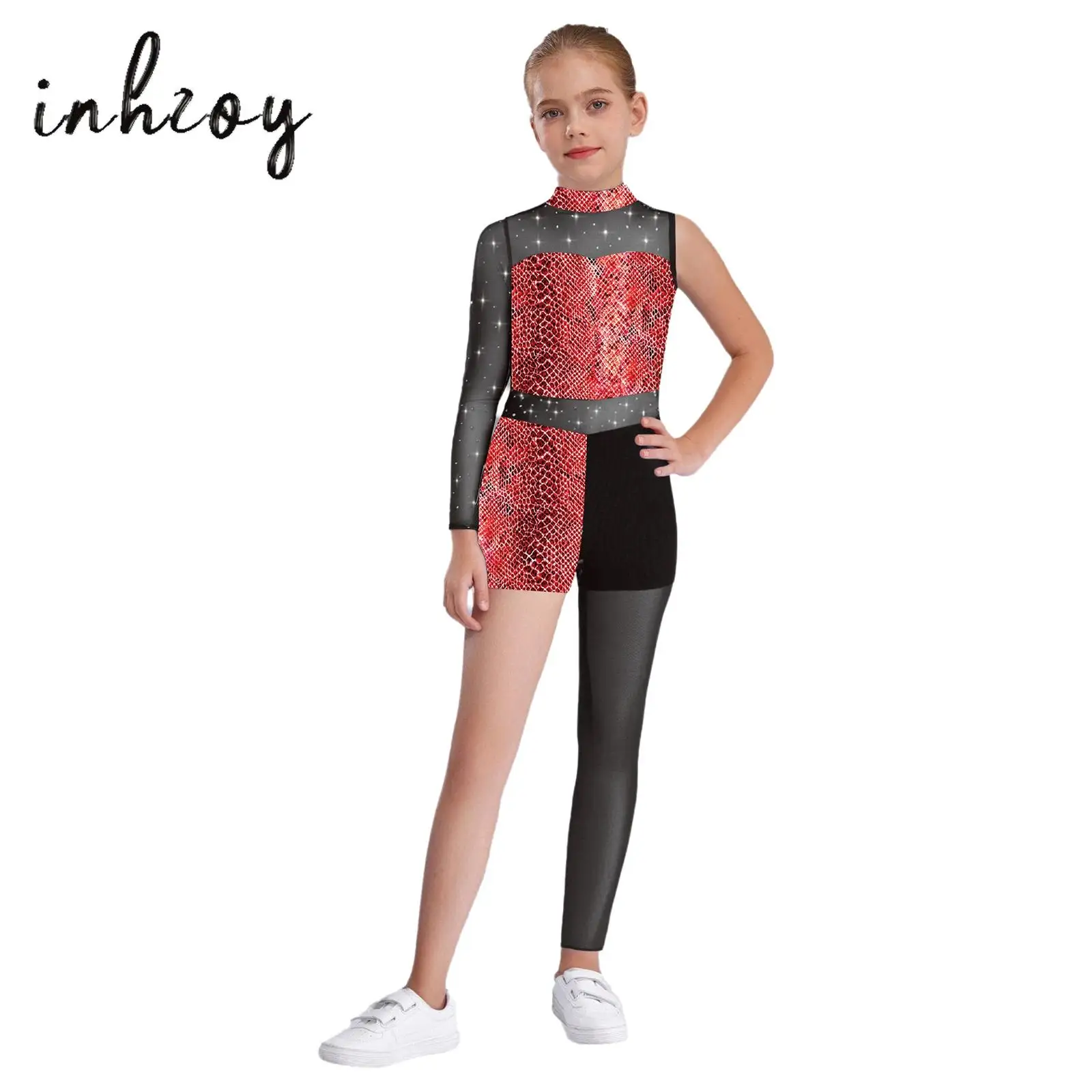 

Kids Girls Printed Gymnastics Jumpsuit Shiny Rhinestones Sheer Mesh Patchwork Asymmetrical Leotard Figure Skating Dance Bodysuit