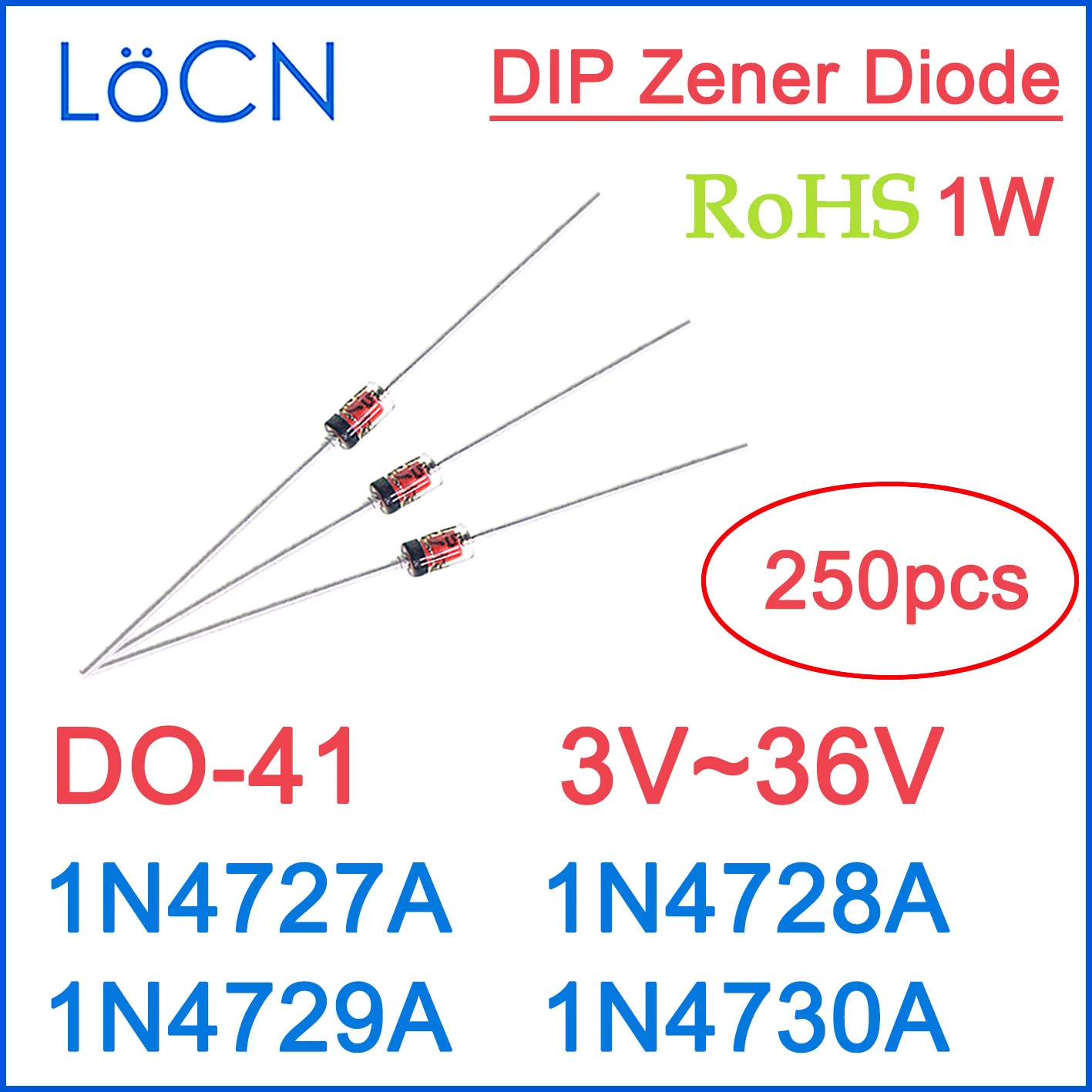 1N4727A 1N4728A 1N4729A 1N4730A 1W 3V 3.3V 3.6V 3.9A DIP DO-41 ไดโอดซีเนอร์แก้วROHS 3V ~ 36Vคุณภาพสูง 250PCS