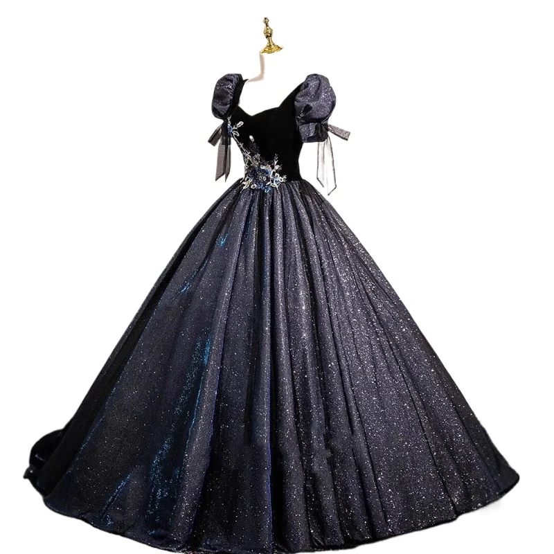 2026 Abito da sera con scollo a V ricamato nero delle nuove donne Abito da ospite per esame d'arte vocale con maniche a palloncino alla moda e magre