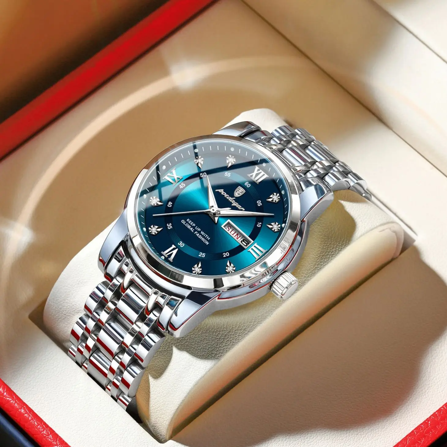 POEDAGAR Luxury Trendy Man Wristwatch Waterproof Stainless Steel Luminous Men Watch Date Week Fashion Quartz Men's Watches Reloj