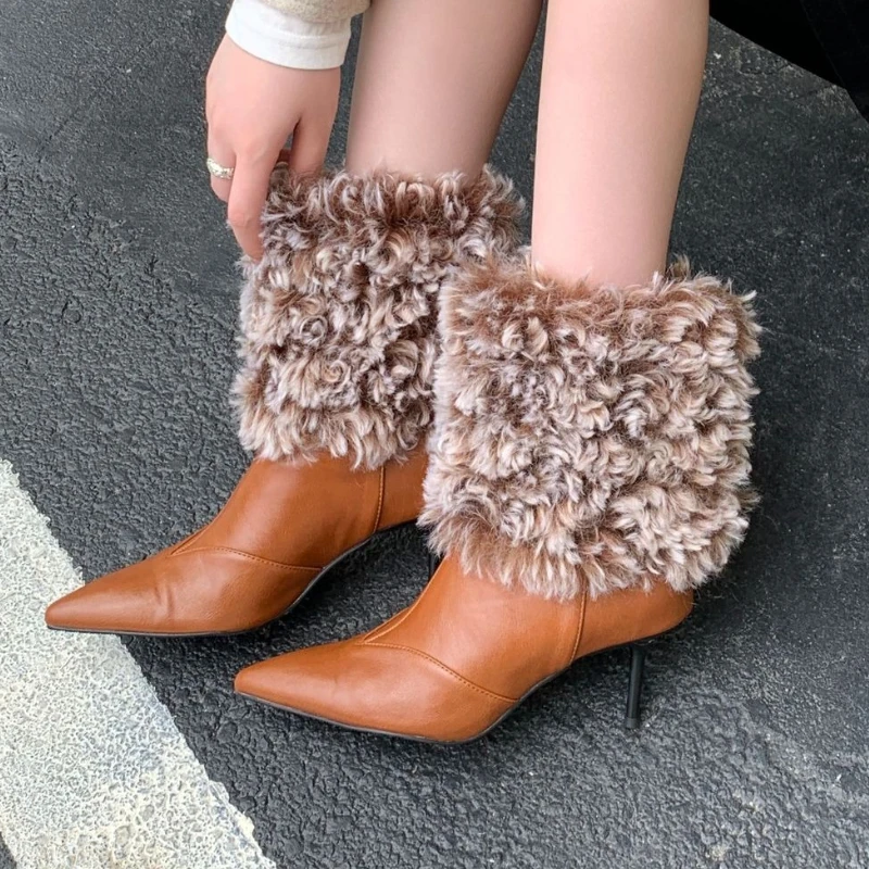 

Модные теплые плюшевые ботильоны, женские пикантные тонкие высокие современные ботинки с острым носком, удобные нескользящие ботинки до середины икры, Zapatos De Mujer