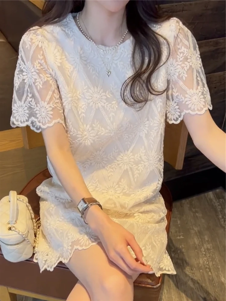 エレガントなレース刺繍サマードレス女性のミニ痩身妖精プリンセススカート通勤韓国スタイルハイウエスト半袖