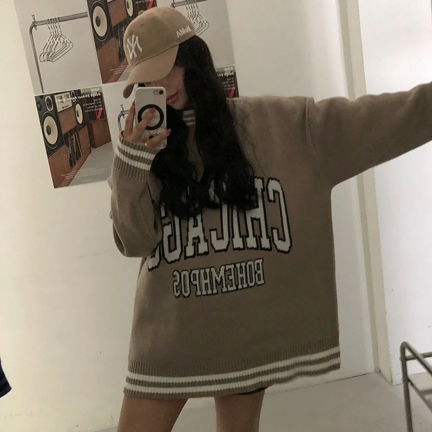 American Sle Loose Knitted Dr مع حروف Blo ملونة مستديرة Ne Retro Lazy Faion للنساء لربيع الخريف والشتاء