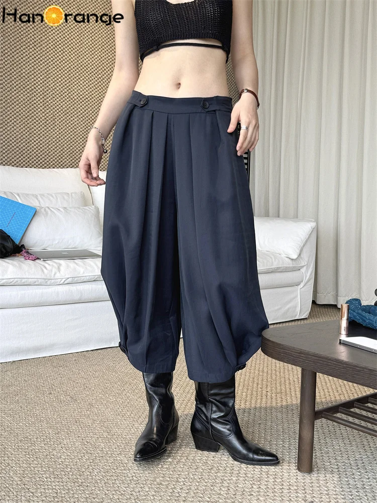 HanOrange 2026 Summer Pockets Ruffles Bud Capris Women Button Design Calf-Length Pants Apricot/Navy Blue