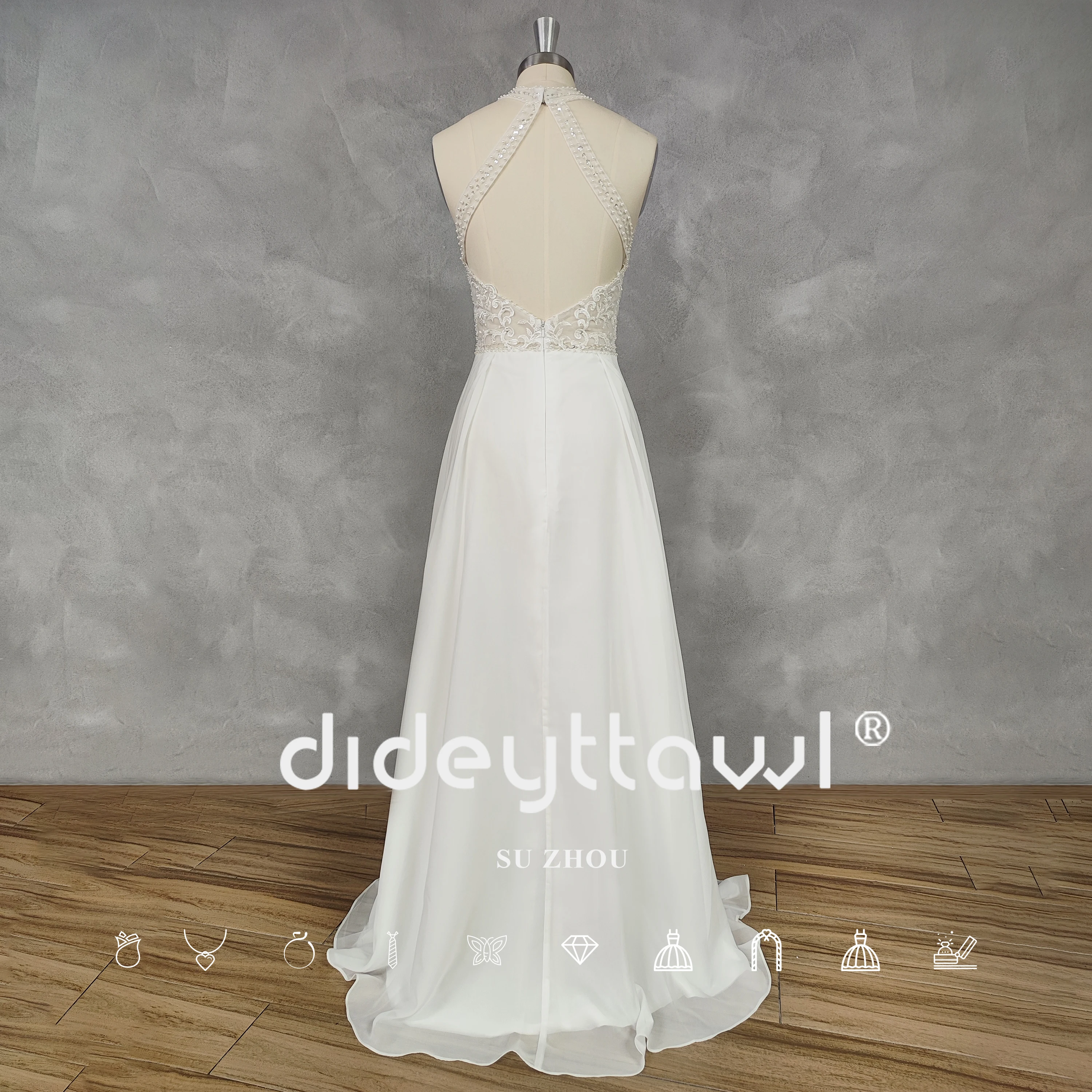 DIDEYTTAWL Real Picture Boho Halter Sleeveless Beaded Lace Chiffon A-Line Wedding Open Back Sweep Train Bridal Gown Custom Made