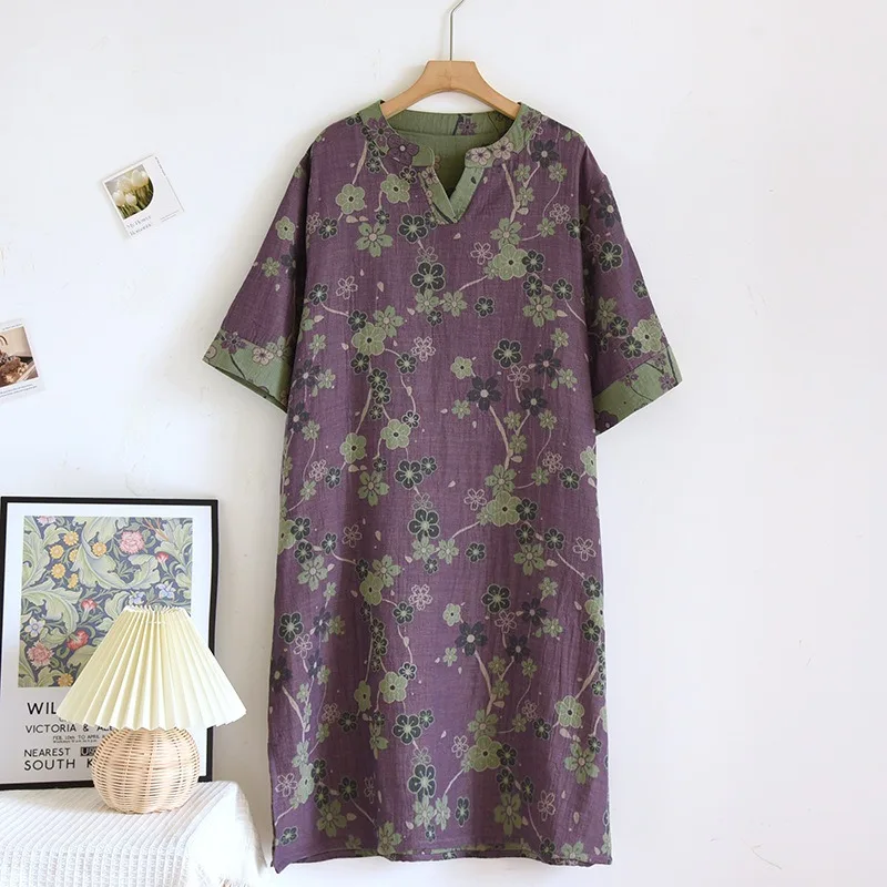 Women Nightgown Cotton Short Sleeve Vintage Yarn Dyed Print Nightwear Women\'s Pajamas Home Clothe Dressing Gown Loose Nightdress