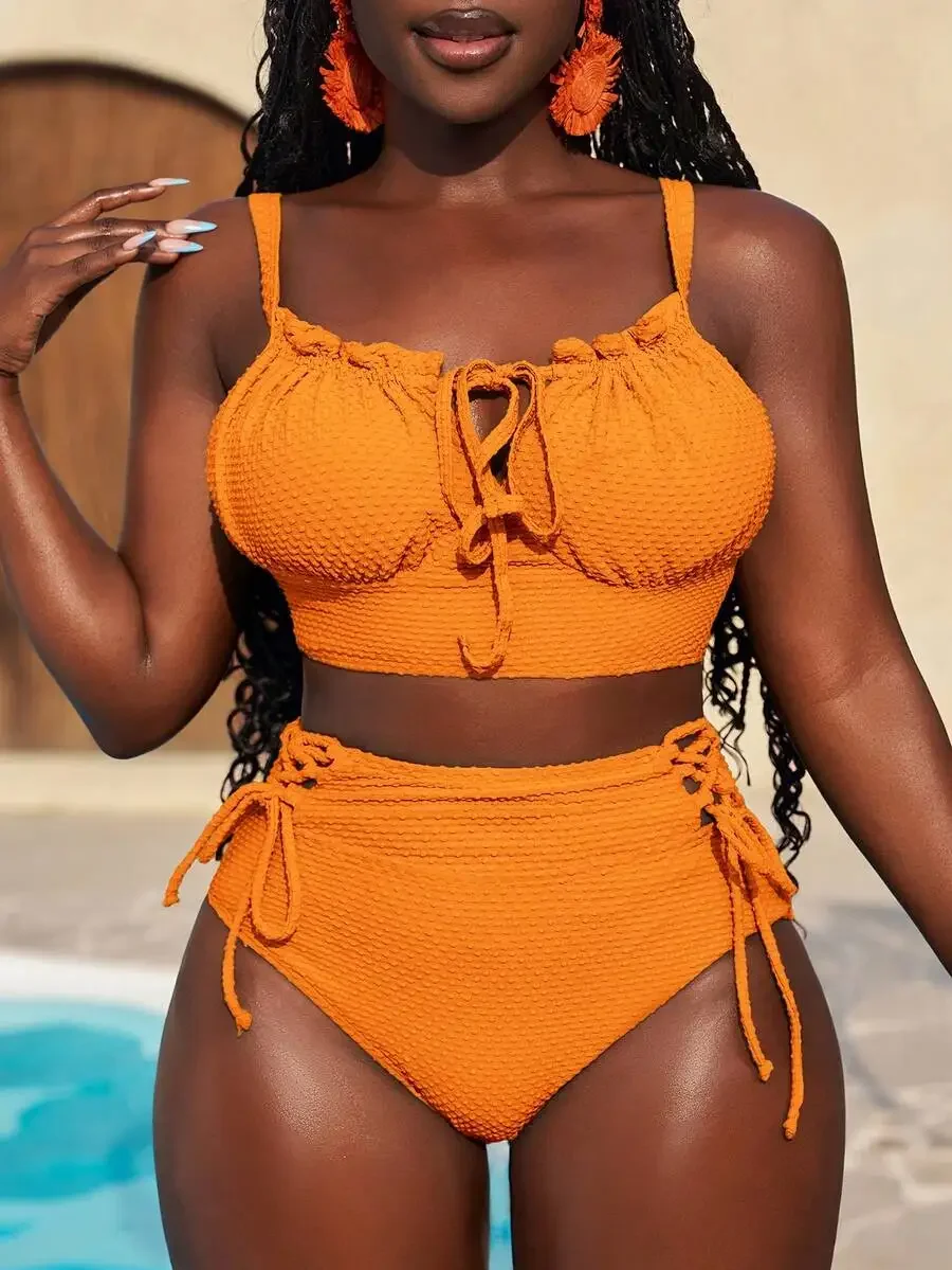 

Orange Lace-Up Two Piece Swimwear For Women Beach Vacation Summer
