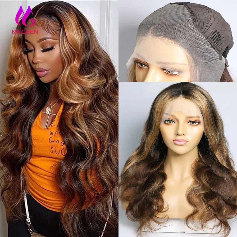 شعر مستعار ملون أشقر من Megeen ، شعر مستعار بدانتيل أمامي شفاف ، شعر مستعار مموج للجسم ، شعر بشري ، P4 ، 27 ، 13x4