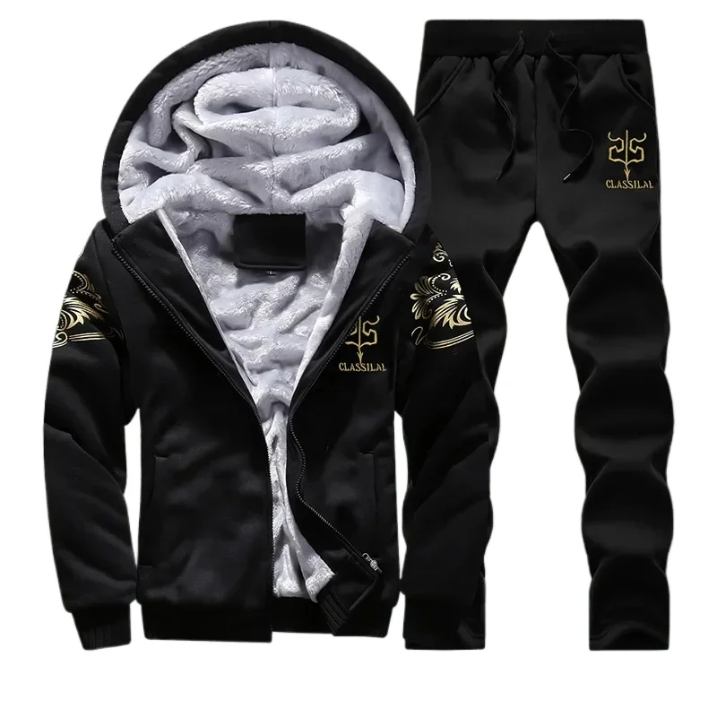 Men Winter Tracksuits Sets Hoodies Casual Hooded Warm Sweatshirts+Pants Thicker Fleece Jacket+Pants Men Moleton Masculino M-4XL