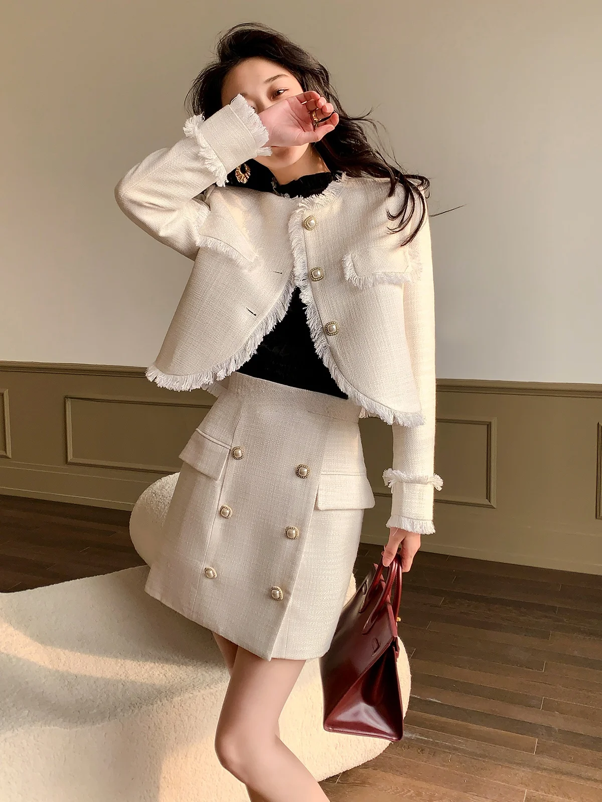 

Ele Tassel Trim Jaet And ort Skirt Set for Women by Garbociaga Long Sve Button up Faionable Autumn Spring Wear