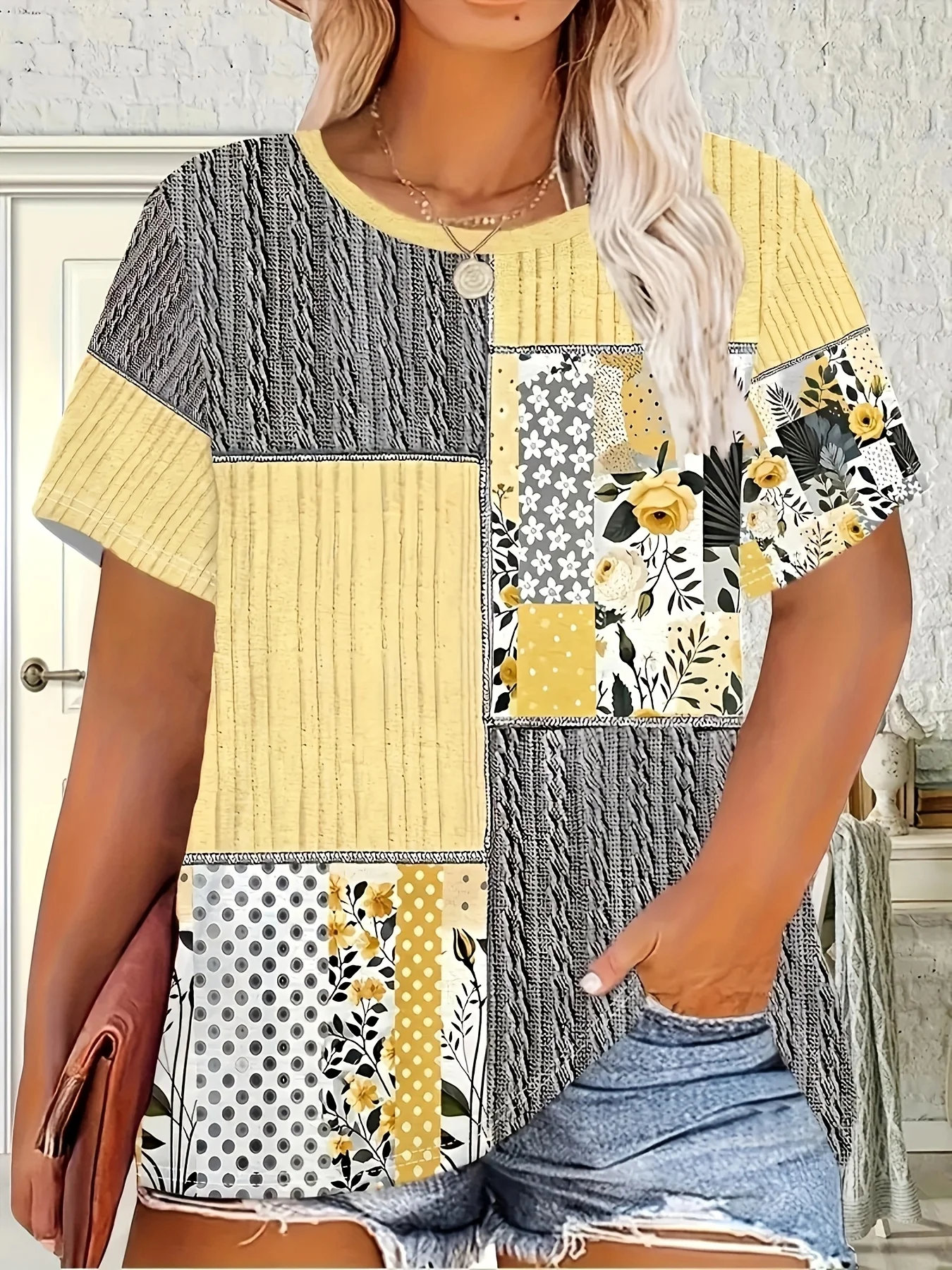 

Женская летняя элегантная футболка больших размеров в стиле пэчворк и сшитая трикотажная футболка с принтом, повседневный топ с круглым вырезом и короткими рукавами, смесь полиэстера, одежда больших размеров