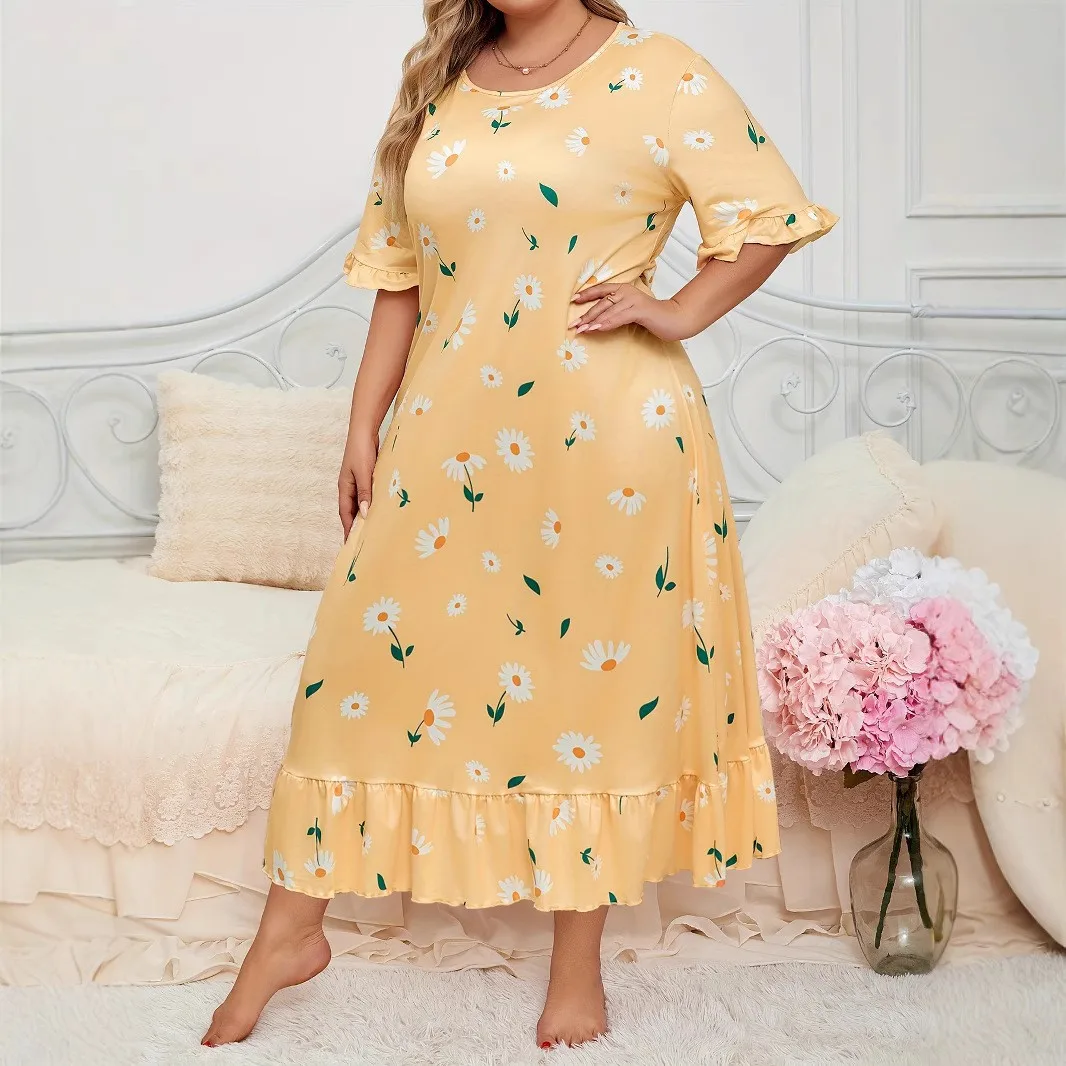 Printed Pullover Dress Mid Waist Casual with Long Dress Ruffled Sleeve Ruffle Detail Round Neck Maxi Length Home Wear for Women