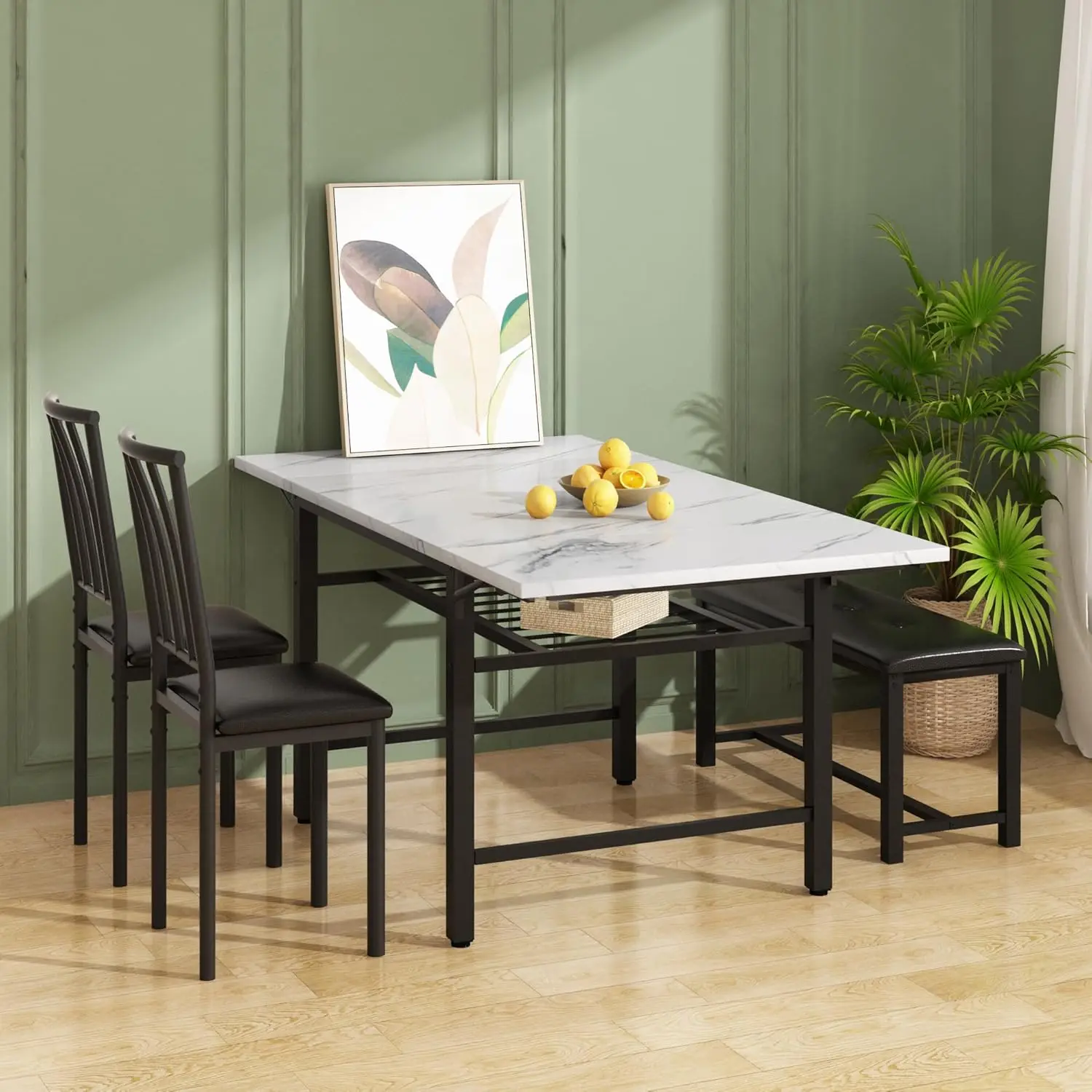 4-Piece Faux Marble Drop Leaf Dining Table With Storage Rack, Space Saving Breakfast Nook Table Set With 2 Backrest Chairs And