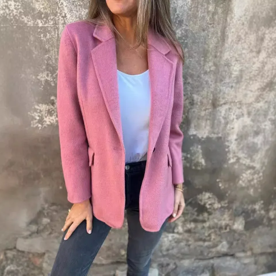 

Женская однотонная повседневная модная свободная шерстяная куртка с отложным воротником и длинными рукавами на одной пуговице, женские простые пальто, топы