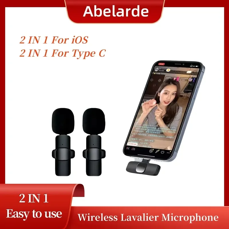 NEW 2 IN 1 Wireless Lavalier Microphone Audio Video Recording Mini Mic For iOS Android Laptop Live Gaming Mobile Phone Tablet