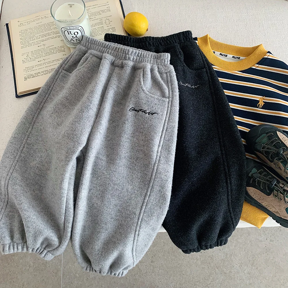 

Children Boy Pant Letter Embroidery Plus Fleece Thick Kids Boy Warm Jogger Pant Winter Elastic Waist Versatile Toddler Boy Pant