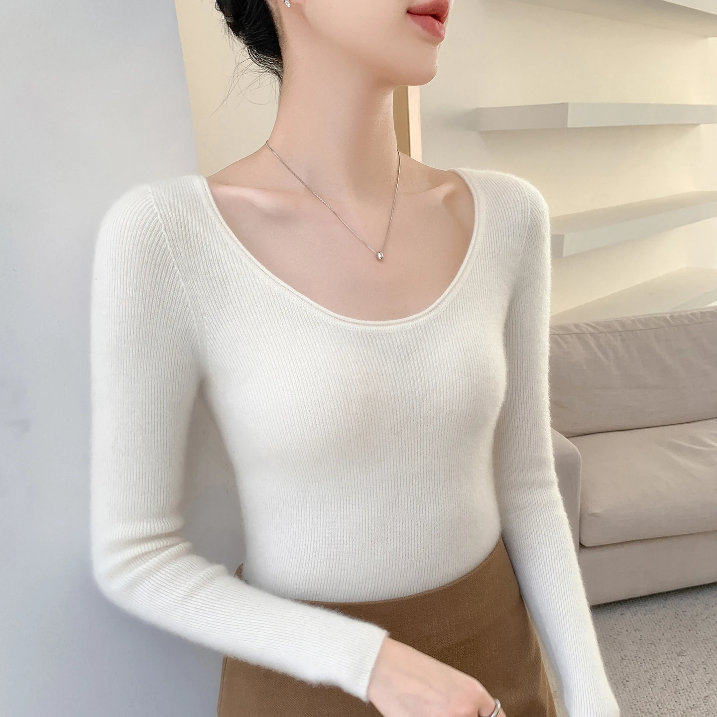 

Женский пуловер из 100% кашемира, тонкий эластичный пуловер с большим U-образным вырезом и длинными рукавами, весенне-осенний базовый кашемировый вязаный топ
