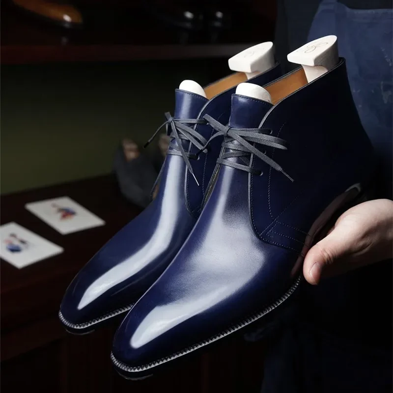 Business Men\'s Short Boots Blue Lace-Up Square Toe Ankle Boots Brown Black Handmade Men\'s Boots Vintage