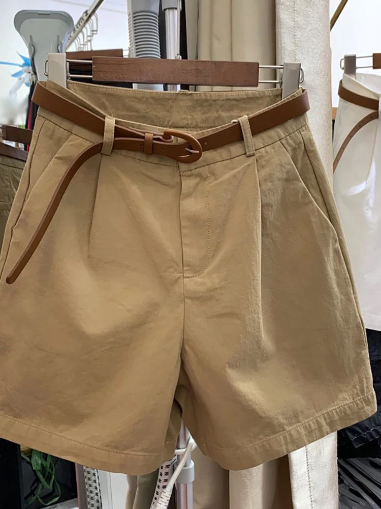 

Summer High Waist Belt Shorts For Women Casual Loose 100kg Classic Khaki All-Match Comfortable Beach Daily Wide Leg Pants Female