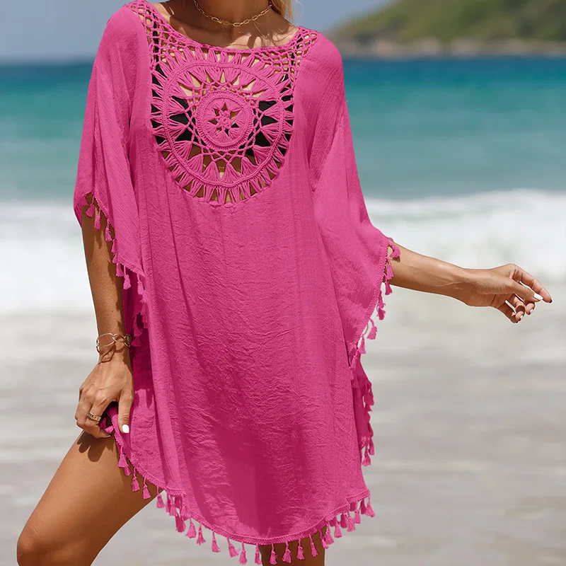 2024 Hand hook solid color patchwork beach skirt with small tassels for sun protection short sexy beach cover up