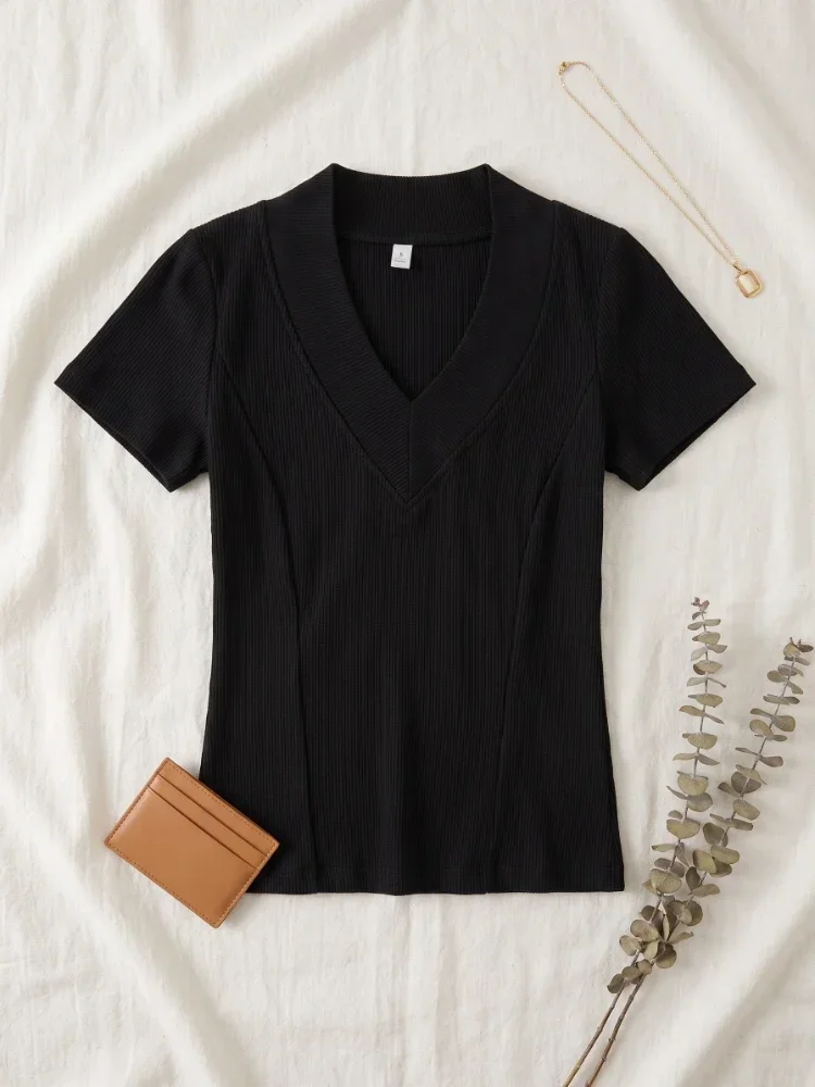 Koreanisches Lässiges Vielseitiges Oberteil 2026 Sommer Neu V-Ausschnitt Geripptes Gestricktes Schlankes Damen T-Shirt Basic Elastisch Kurzarm Tee Shirt – Detail 6
