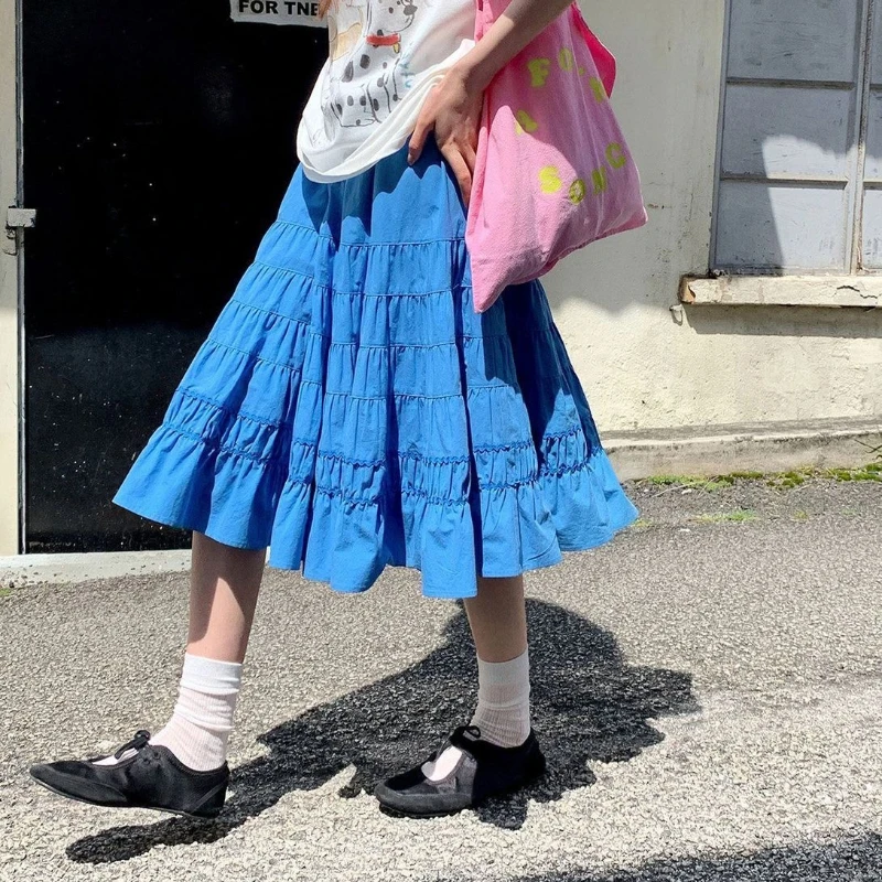 Korean Fashion Vintage Street Style Y2K Ruffle Tiered Skirt Womens Summer Kawaii Elastic Waist A-Line Cotton Pleated Midi Skirts