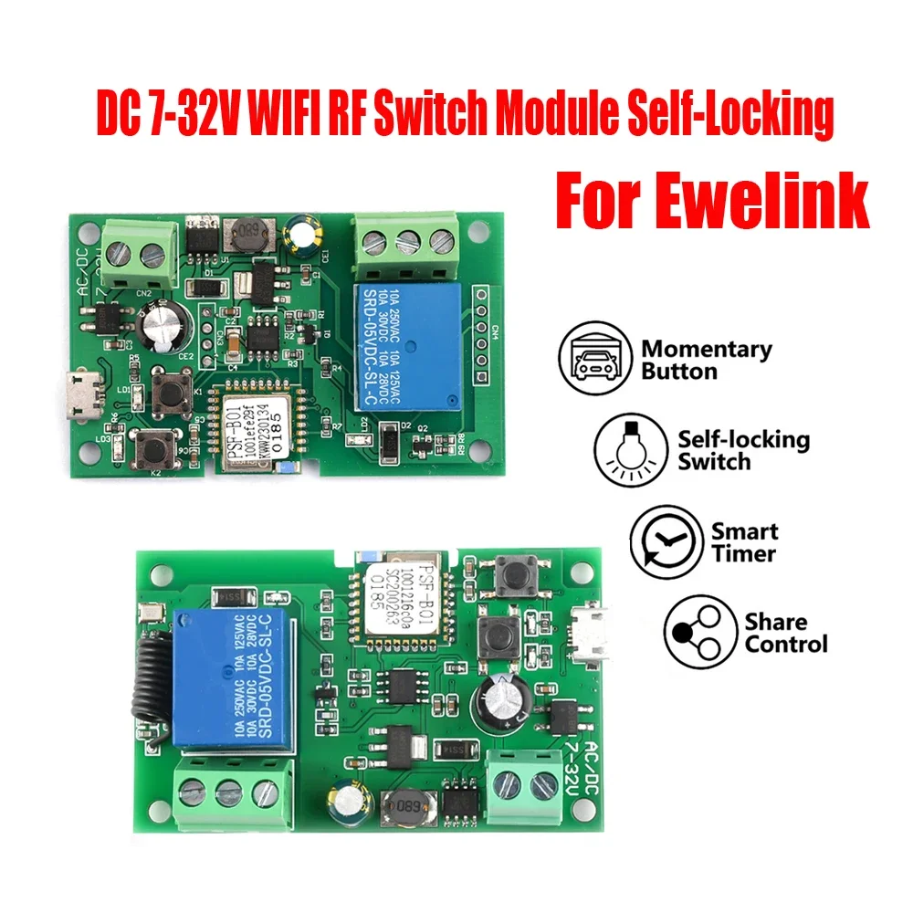 For eWelink DC 7-32V RF Switch Module Jog Inching Self-Locking WIFI Wireless Smart Home Switch Voice Remote Control with Alexa