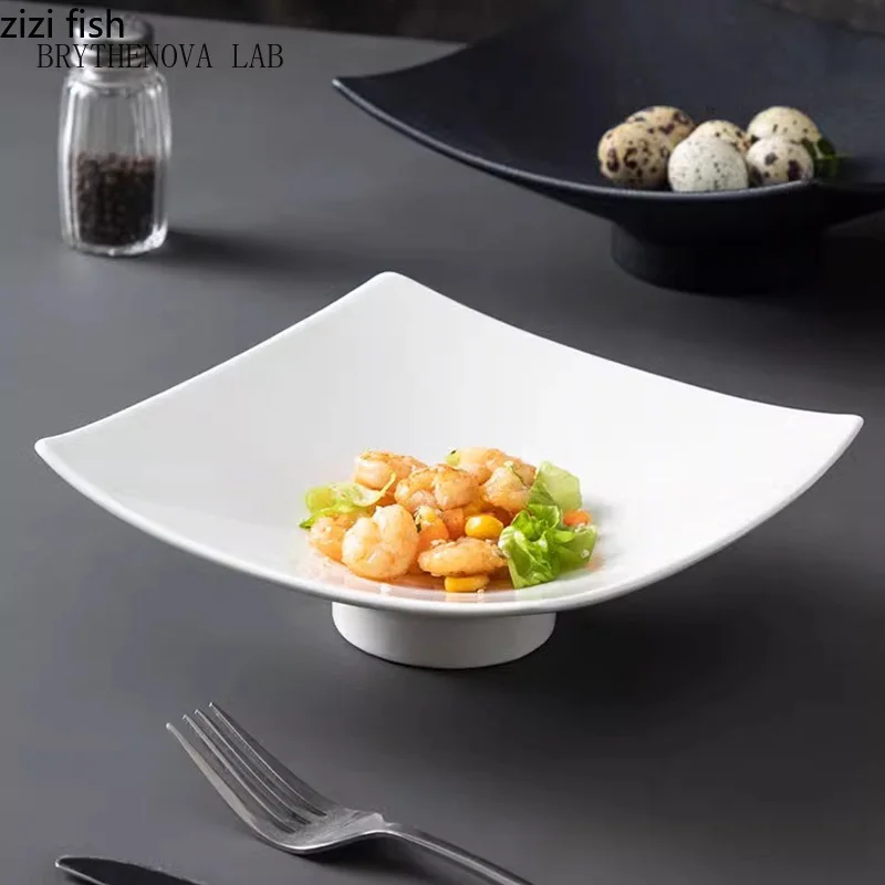 Ceramic Plate High Footed Square Plate Serving Plate Pasta Dish Salad Sushi Dessert Dish Molecular Cuisine Restaurant Tableware