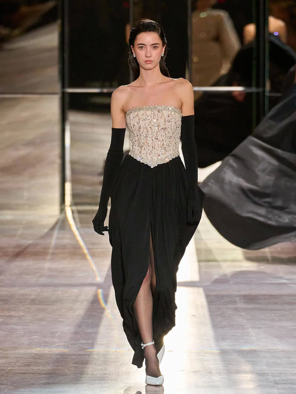 

Sexy European And American Style Clothing New Fashion Lace Nail Bead Strapless Skirt High Elasticity Slit Dress Long Skirt