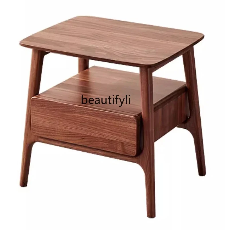 

North America Black Walnut Side Table Sofa Corner Table Pure Solid Wood Nordic Bedside Table Simple Bedroom Single Drawer Locker