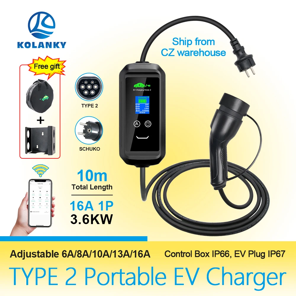 KOLANKY APP Control Portable Type2 IEC62196-2 EV Charger 16A 3.6KW Charging Wallbox Tuya APP Control Timer EU Plug Home Charger