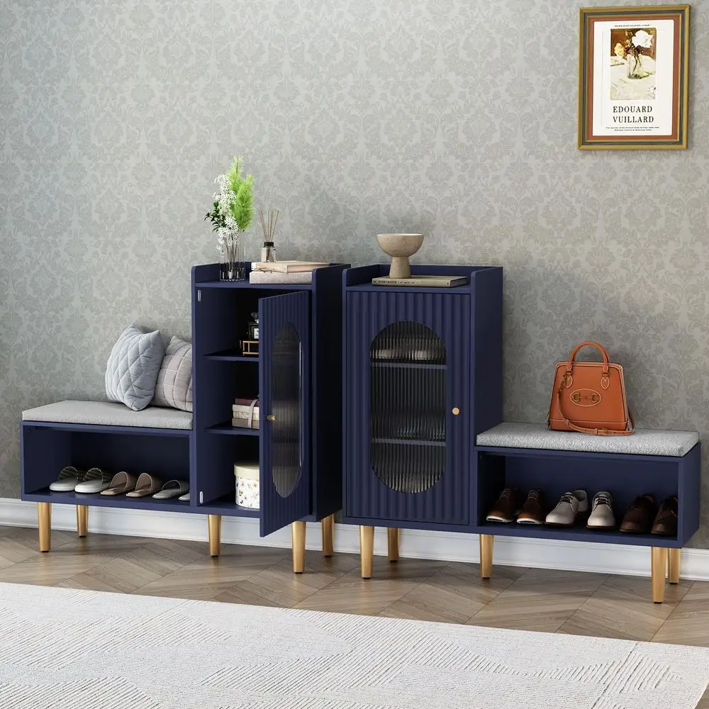 

Storage Bench Set of 2, Blue Modern Entryway Shoe Cabinet Bench with Glass DoorampShelf, LShaped Storage Cabinet with Padded Se