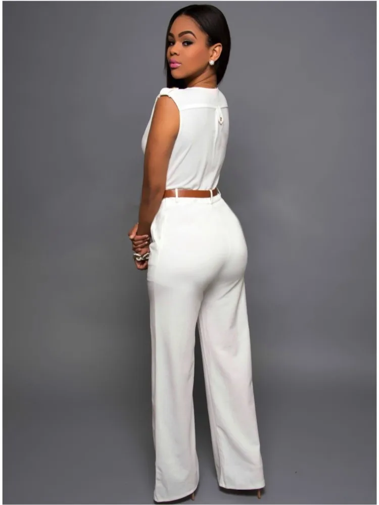 Women\'s Sexy Deep V Neck Sleeveless Solid Color Jumpsuit Fashion Slim Wrap Hip Elegant Female Party Office Jumpsuit (with Belt)