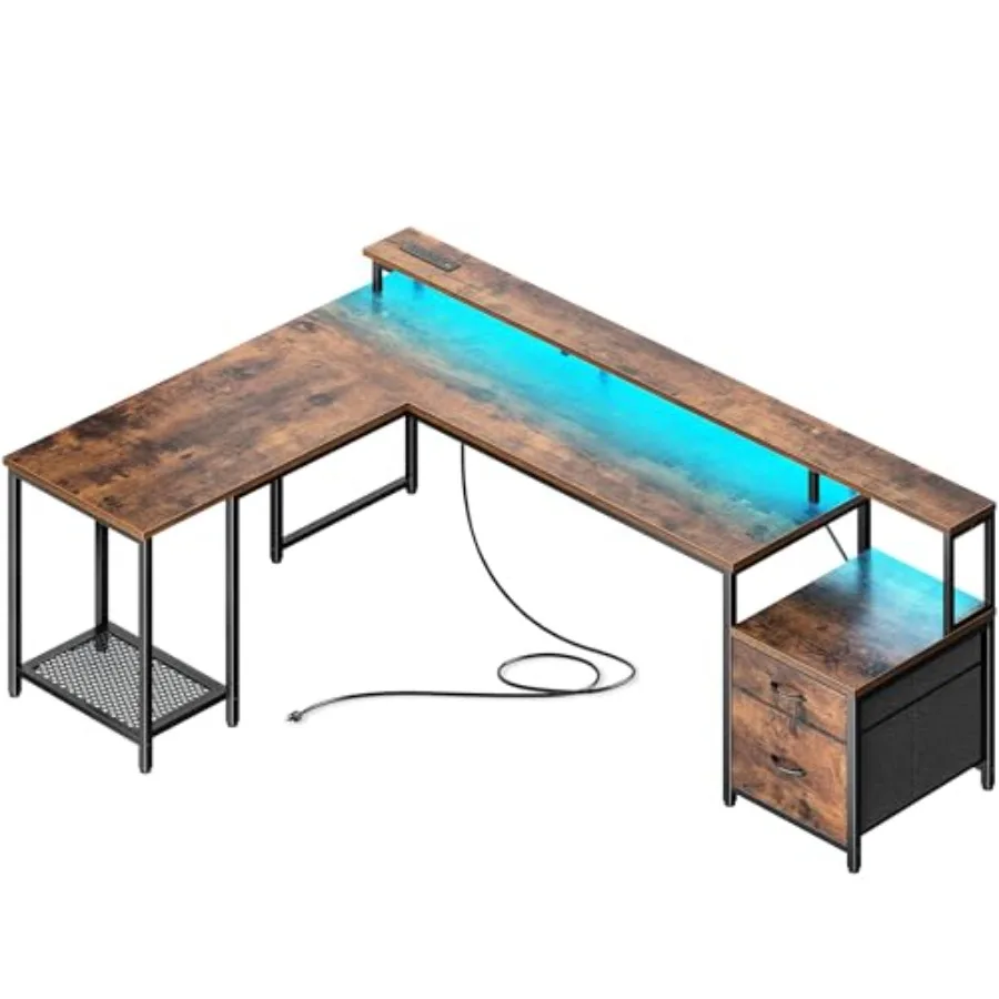 66 L Shaped Gaming Desk for home office use, engineered wood in black, with RGB LED lights and built-in power outlets