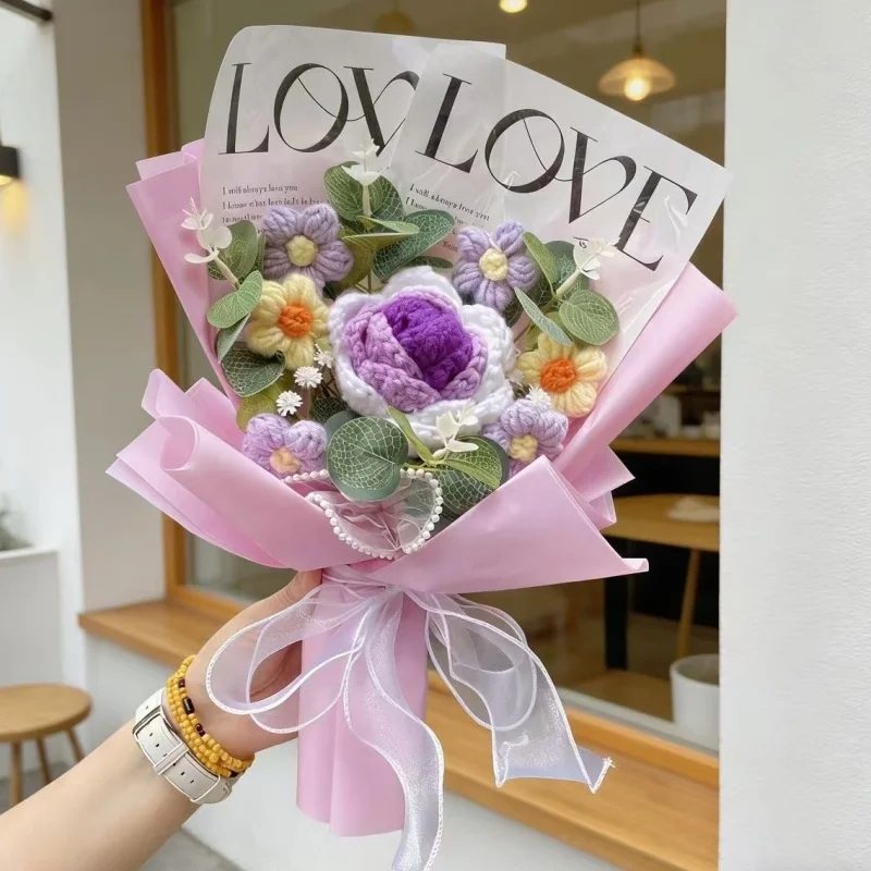 Handgefertigte Fertige Häkelrosen Sonnenblumen Nelken Künstliche Blumensträuße Konservierte Hochzeits-Geburtstags-Abschlussgeschenke – Detail 8
