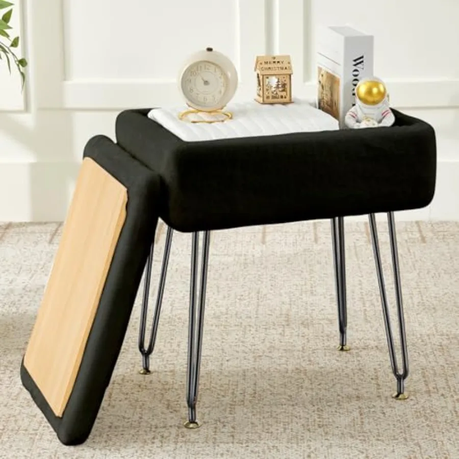 

Vanity Stool Faux Fur Vanity Stool Chair with Storage Rectangle Makeup Chair Soft Padded Seat with Legs for Bedroom Black