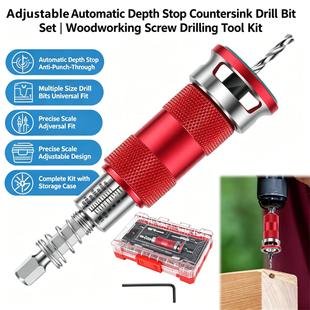 

Woodworking Limit Four Edge Countersink Bit Alloy Head Cone-Hole Drill Adjustable Depth Step Drill Depth Stop For Countersinking