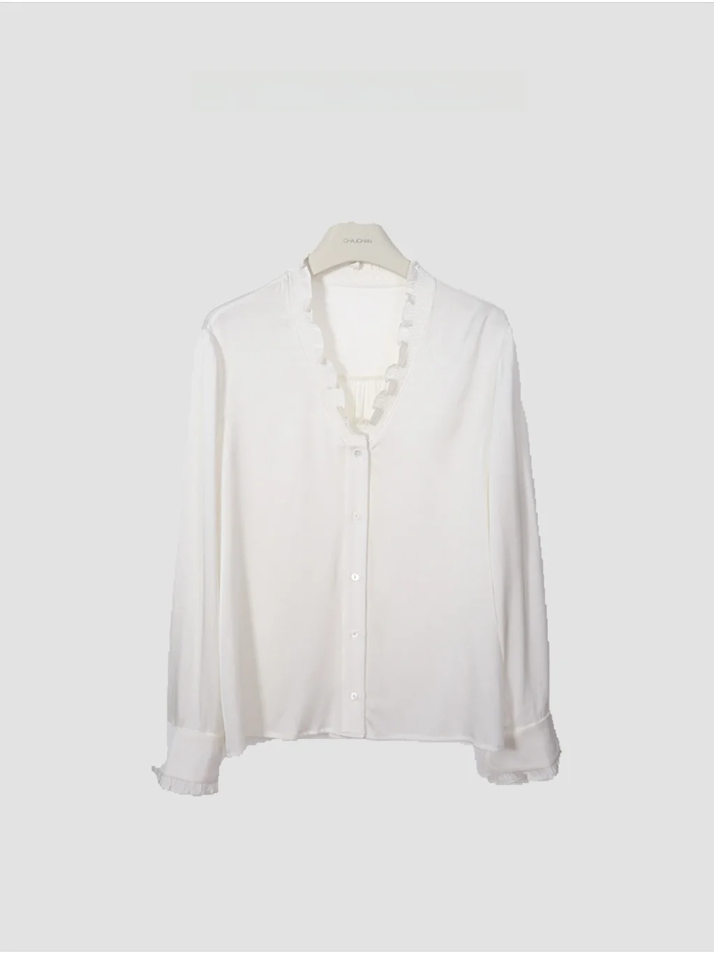 

Элегантная женская блузка с V-образным вырезом и длинными рукавами из эластичного шелкового атласа Chayi, с кружевной отделкой, высококачественная, 19 момми, из двойной марли