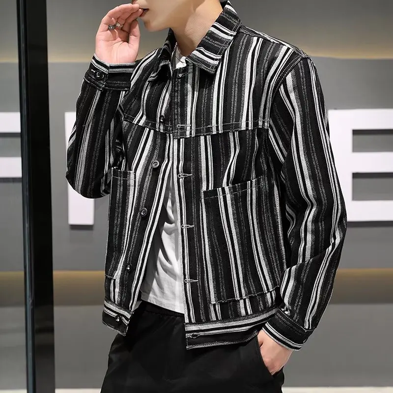 Jackets Men Spring Striped Denim Crop Outwear Fashion Japanese Slim Handsome Pockets Panelled Leisure Plus Size All-match Male