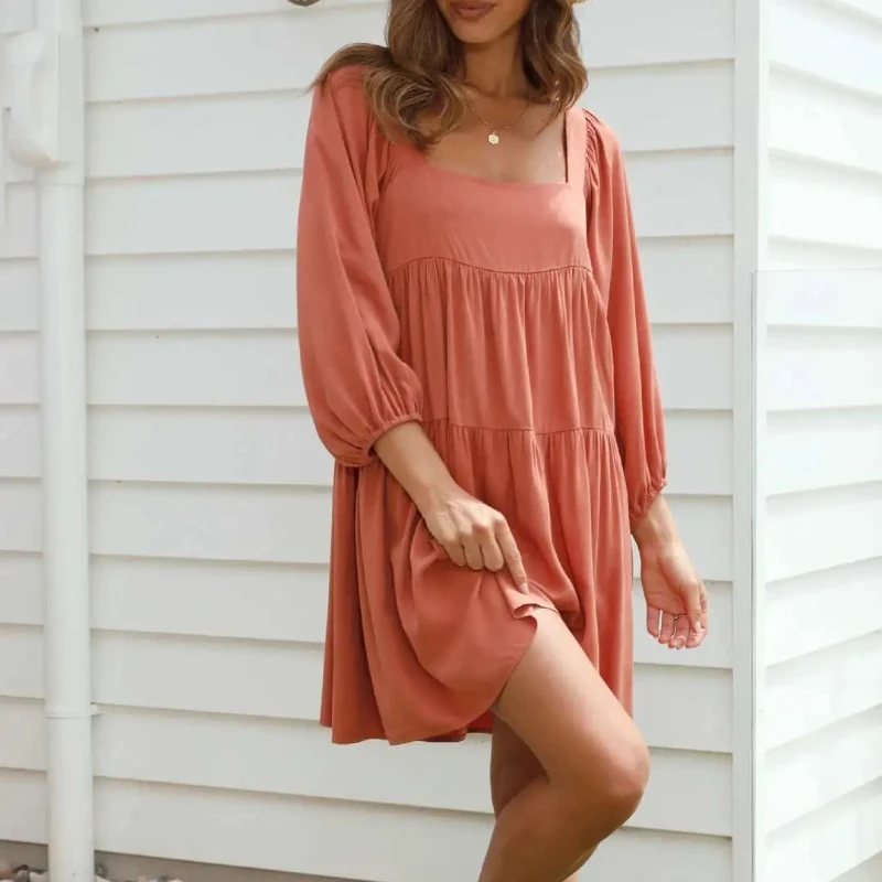 Women Square Neck Bubble Sleeve Mini Dress Summer Boho Loose Fit Solid Color Backless Short Dresses Holiday Beach Dresses