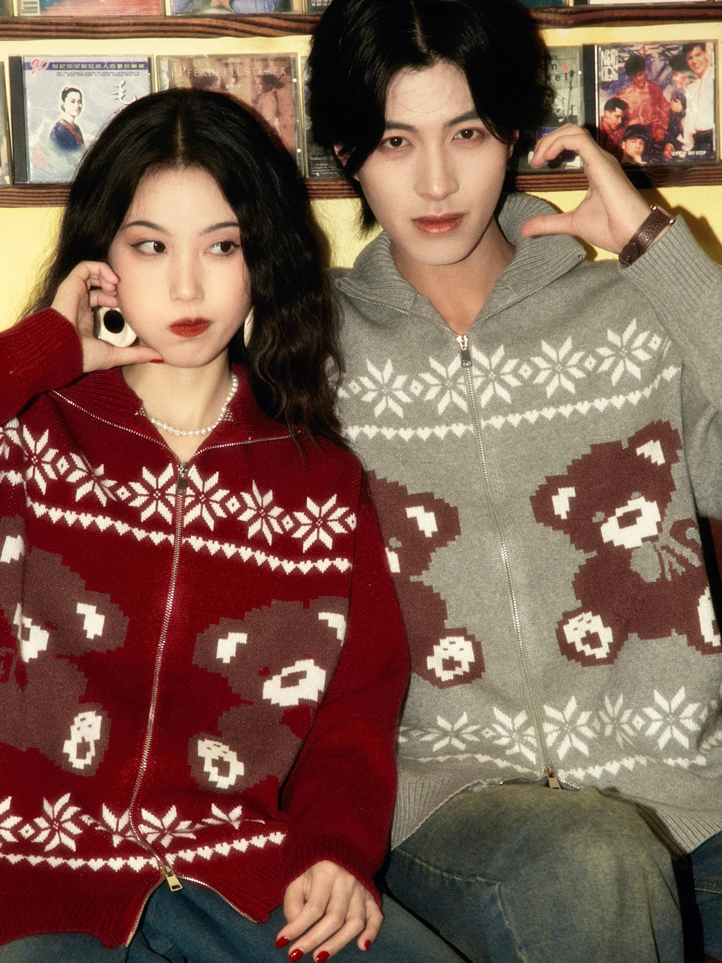 Autumn Winter New Men's Vintage Bear Embroidery Red Cardigan Sweater Coat Couple Gray Loose Casual Knitted Cardigan