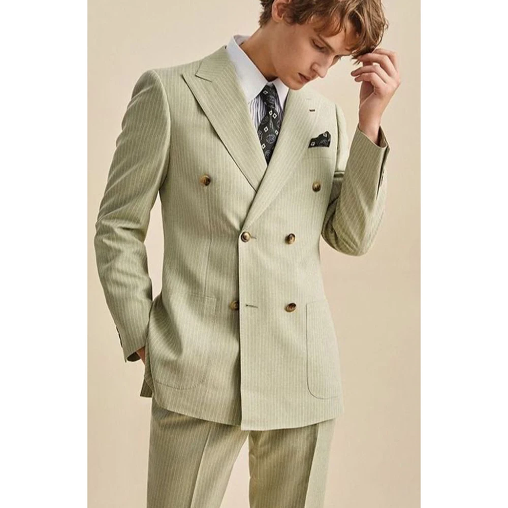 

Elegant Men Light Yellow-Green Pinstripe Double-Breasted Suit 2 Piece Jacket Pant Set Peak Lapel Formal Wedding Business Outfits