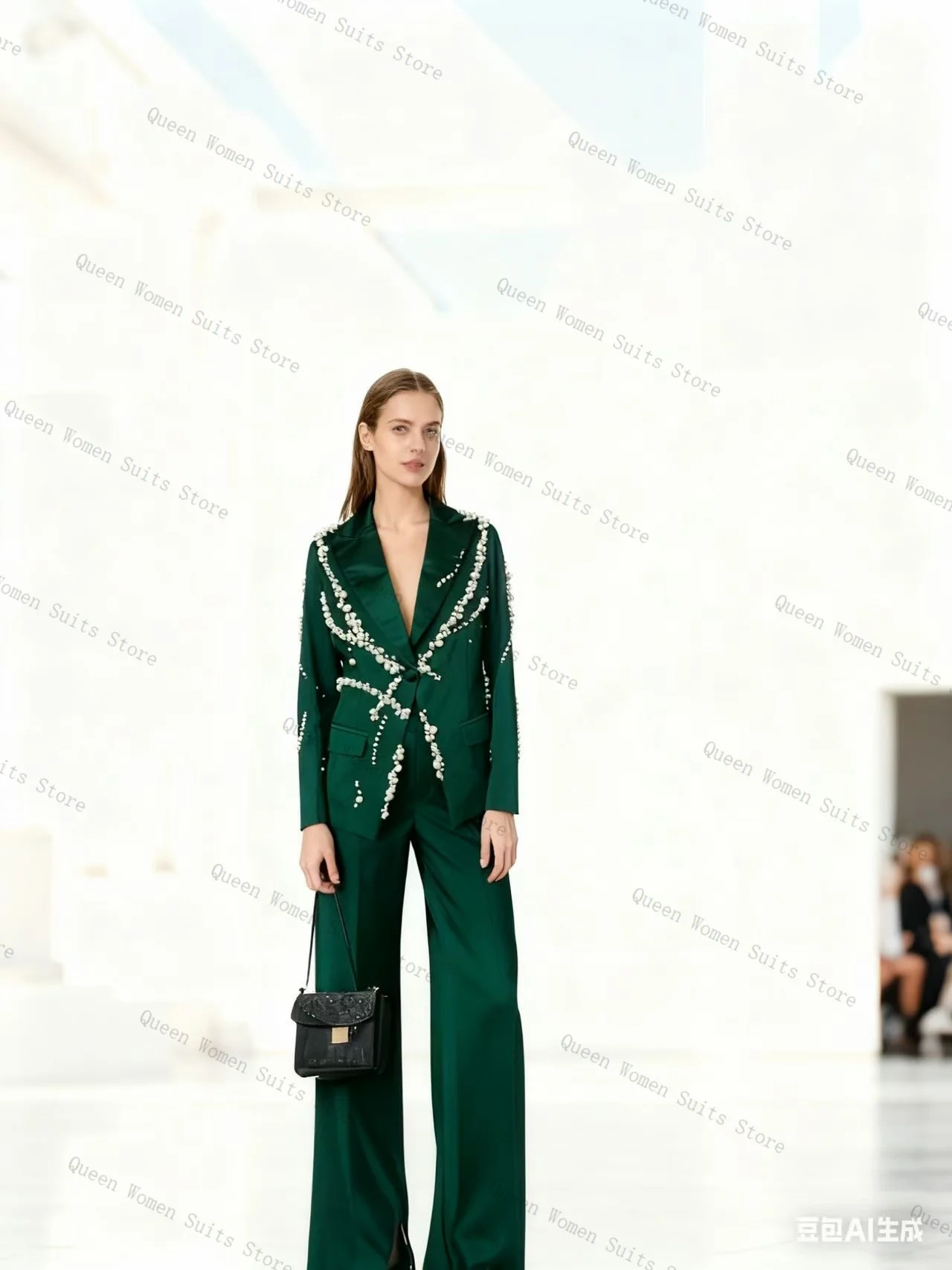 

Green Pearls Women Suit Set 2 Pcs Blazer+Straight Pants Trousers Customized Formal Guest Wedding Tuxedo Cotton Prom Coat Jacket